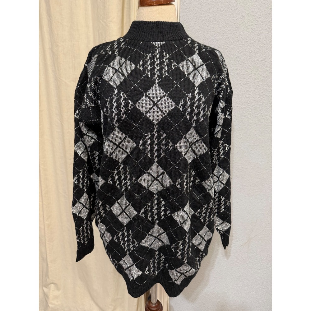 Laura Tyler Women Sweater L Black Silver Metallic Argyle Mock Neck Relaxed Fit